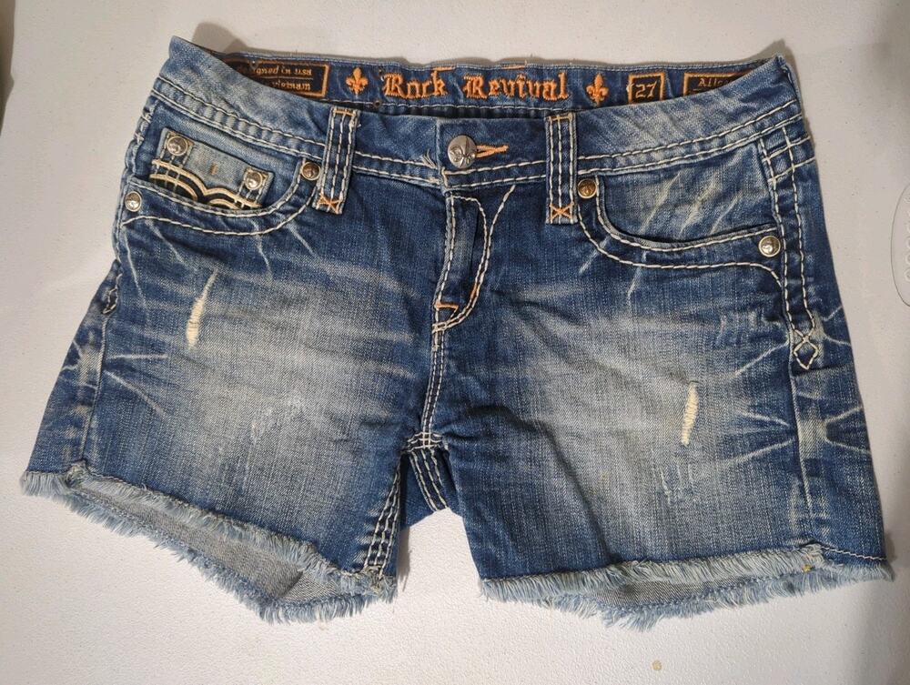 Women's Rock Revival Allegra Denim Blue Easy Shorts Size 27 Fringe Hem